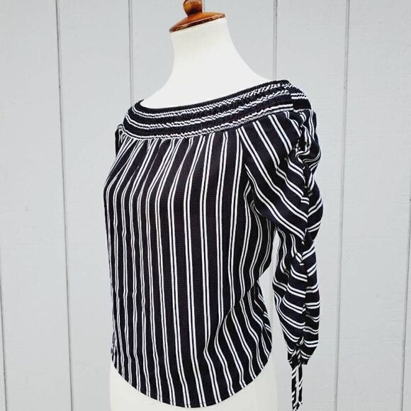 Polly & Esther Tops - Polly & Esther Womens Blouse Black Striped 3/4 Sleeve Off Shoulder Ruched S New